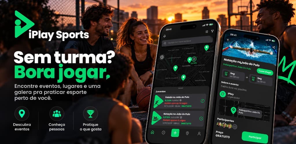 Sem turma? Bora jogar. Encontre eventos, lugares e uma galera para praticar esporte perto de você.